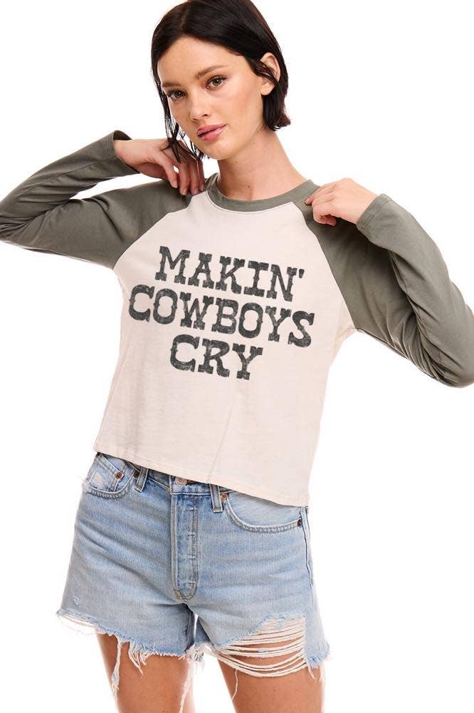Makin' Cowboys Cry L/S Raglan Graphic Tee: BLACK/CHARCOAL / L