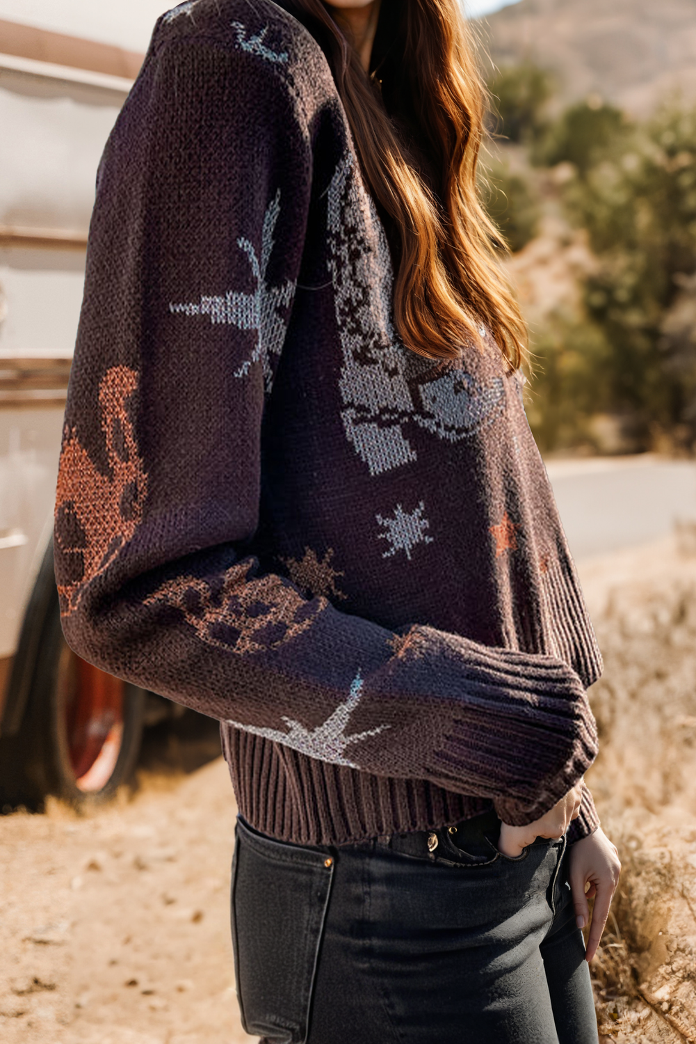 Fashion-W Western Cowgirl Fashion Print Casual Sweater : Brown / XL