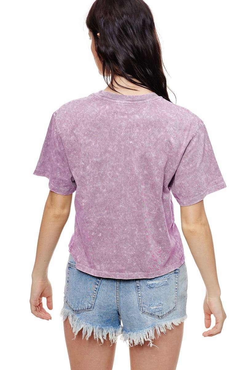 Hold Your Horses Graphic S/S Vintage Washed Faux Crop Tee: LAVENDER / M