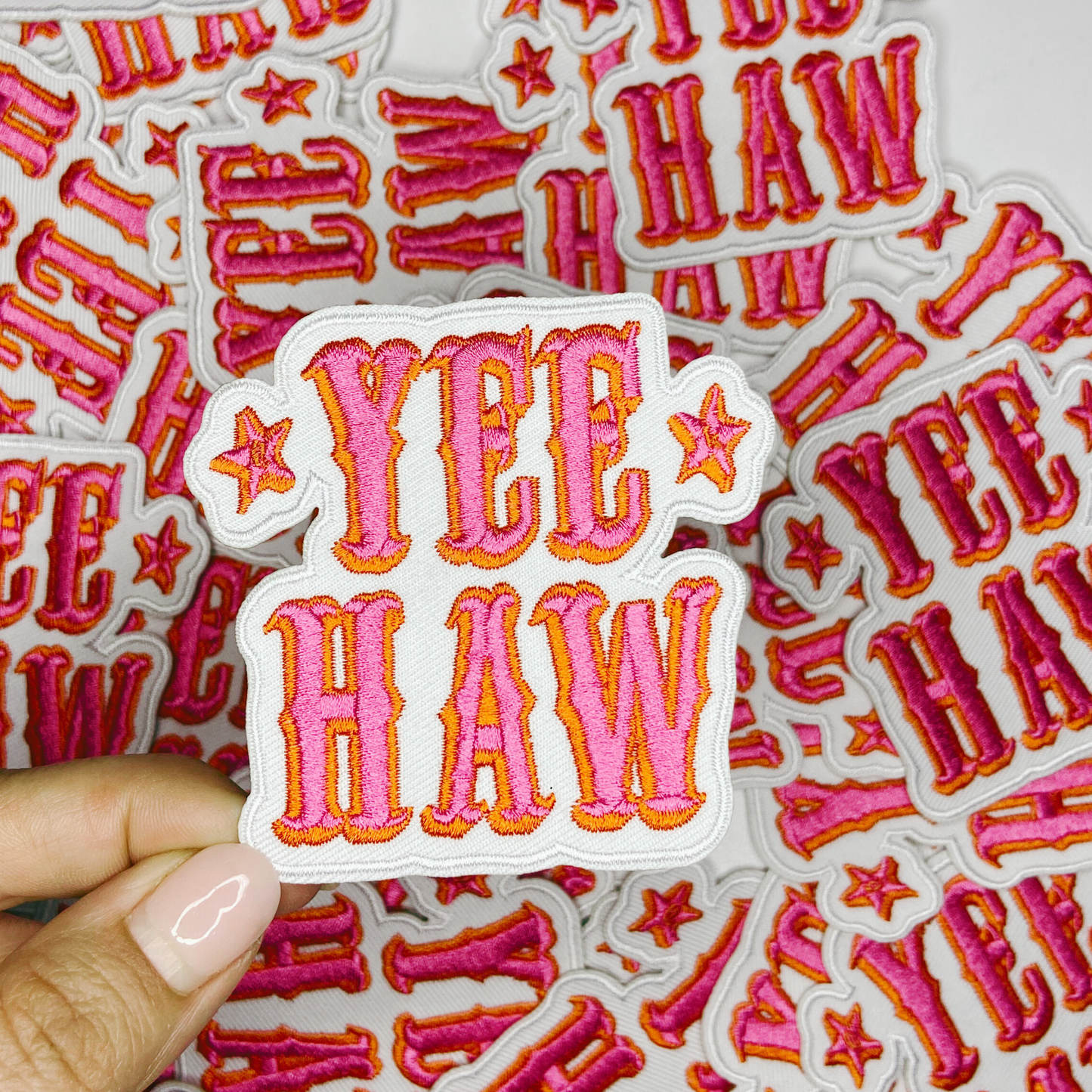 3" Yee Haw in Pink - Embroidered Hat Patch: Embroidered patch