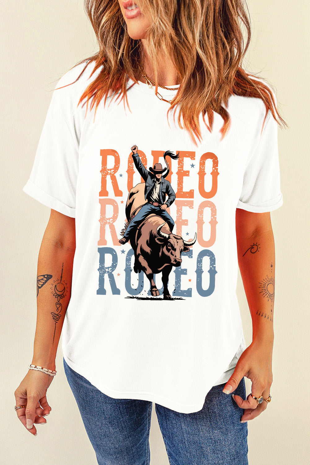 White RODEO Heat Transfer Printing Graphic T Shirt