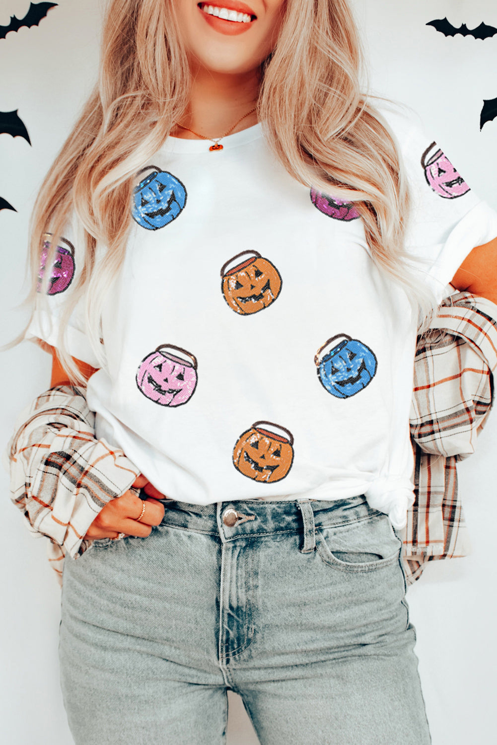 White Sequin Pumpkin Face Patched Crew Neck Holiday T Shirt