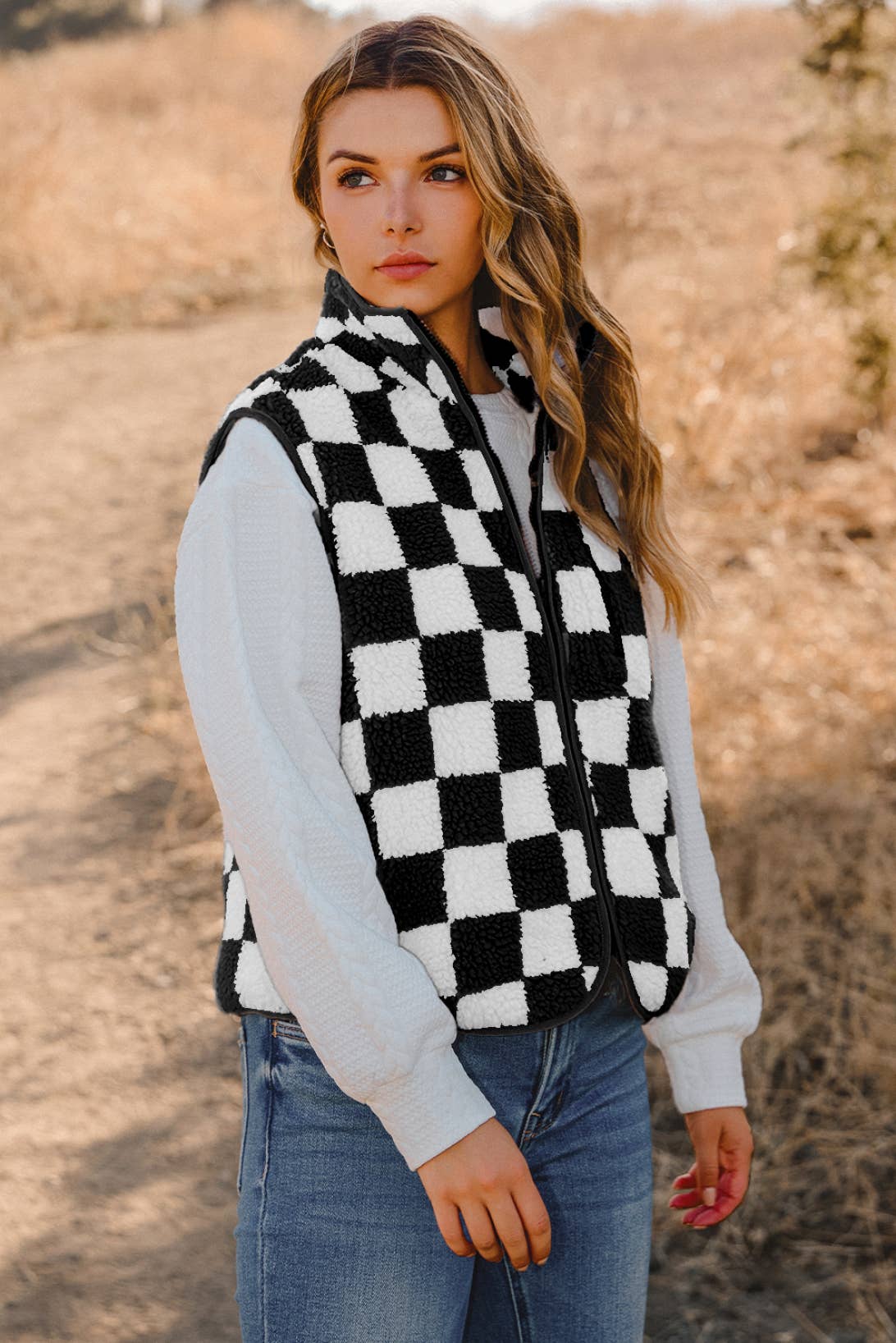 Fashion-W Checkered Sherpa Collared Jacket Vest: Black / Missy / L