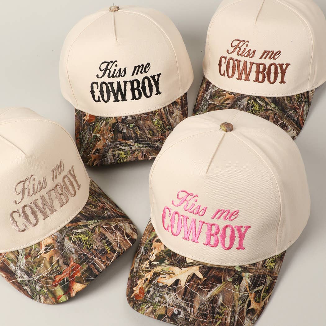 Kiss Me Cowboy Embroidery Two-Tone Cap: CAMO-BLACK / ONE SIZE
