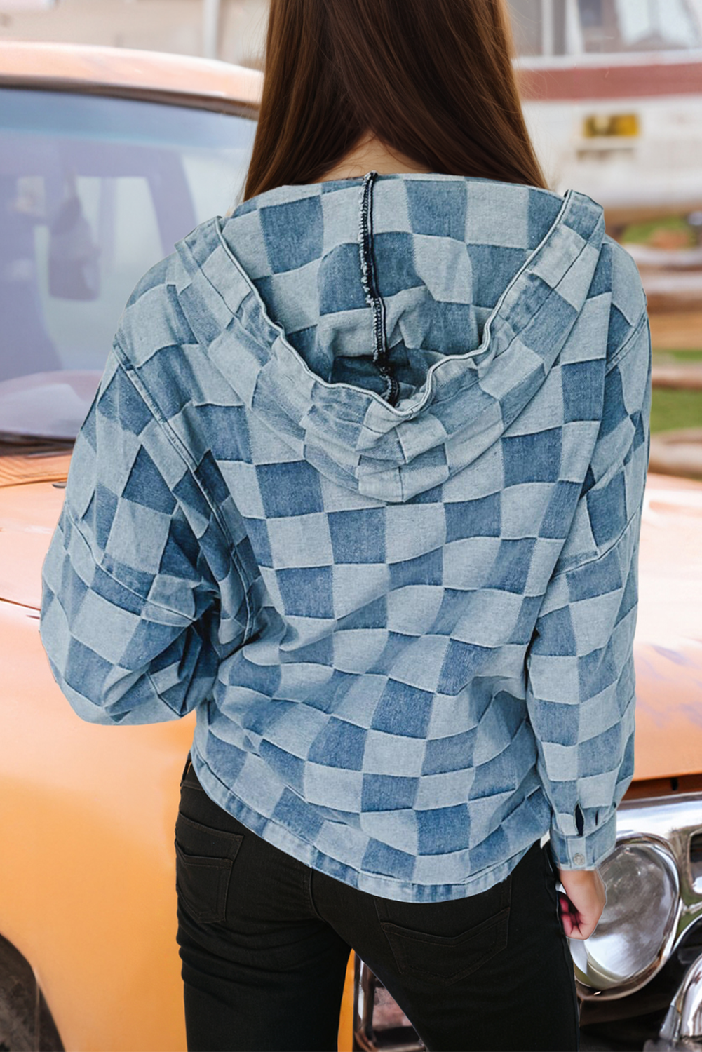 Fashion-W Checkered Zipped Neck Kangaroo Pocket Denim Hoodie: As shown / Missy / M