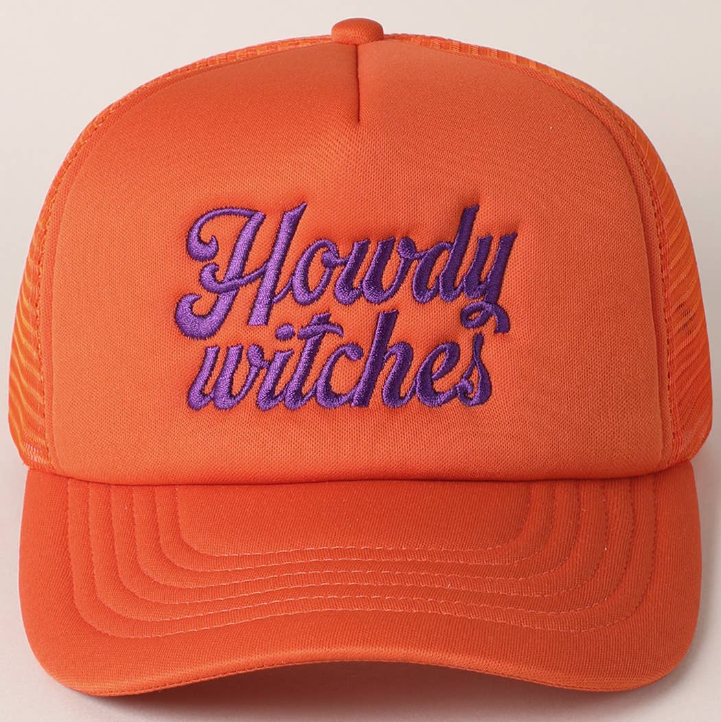 Howdy Witches Embroidered Mesh Back Trucker Hat : BLACK-ORANGE / ONE SIZE