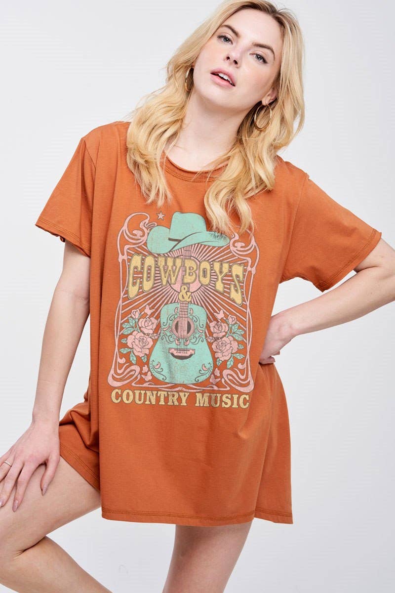 Cowboys & Country Music Graphic Cotton Tunic: TAUPE / L