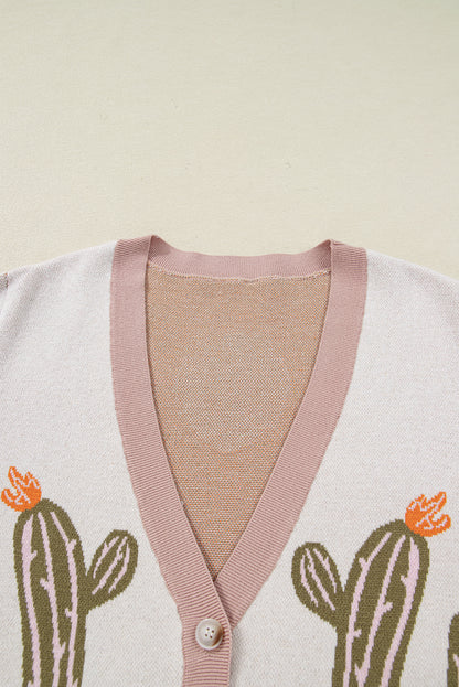Apricot Cactus Print V Neck Plus Size Button Cardigan