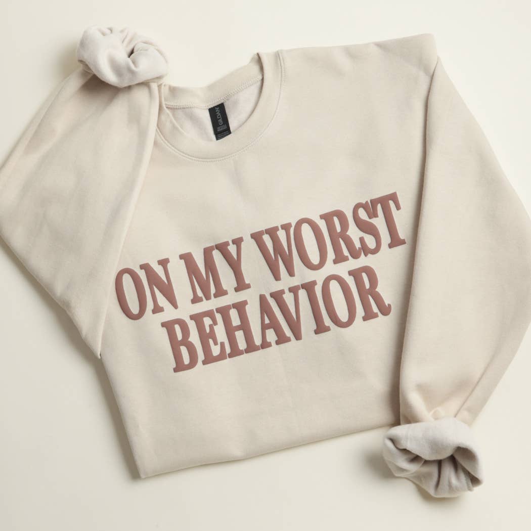 ON MY WORST BEHAVIOR PUFF MIDWEIGHT Sweatshirt: WHITE / XL