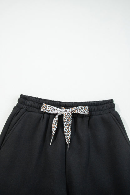 Black Leopard Drawstring Winter Fleece Pants