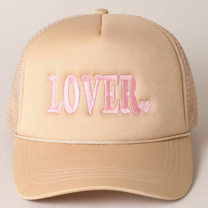 Lover Text Embroidery Foam Mesh Back Trucker Hat: Beige / ONE SIZE