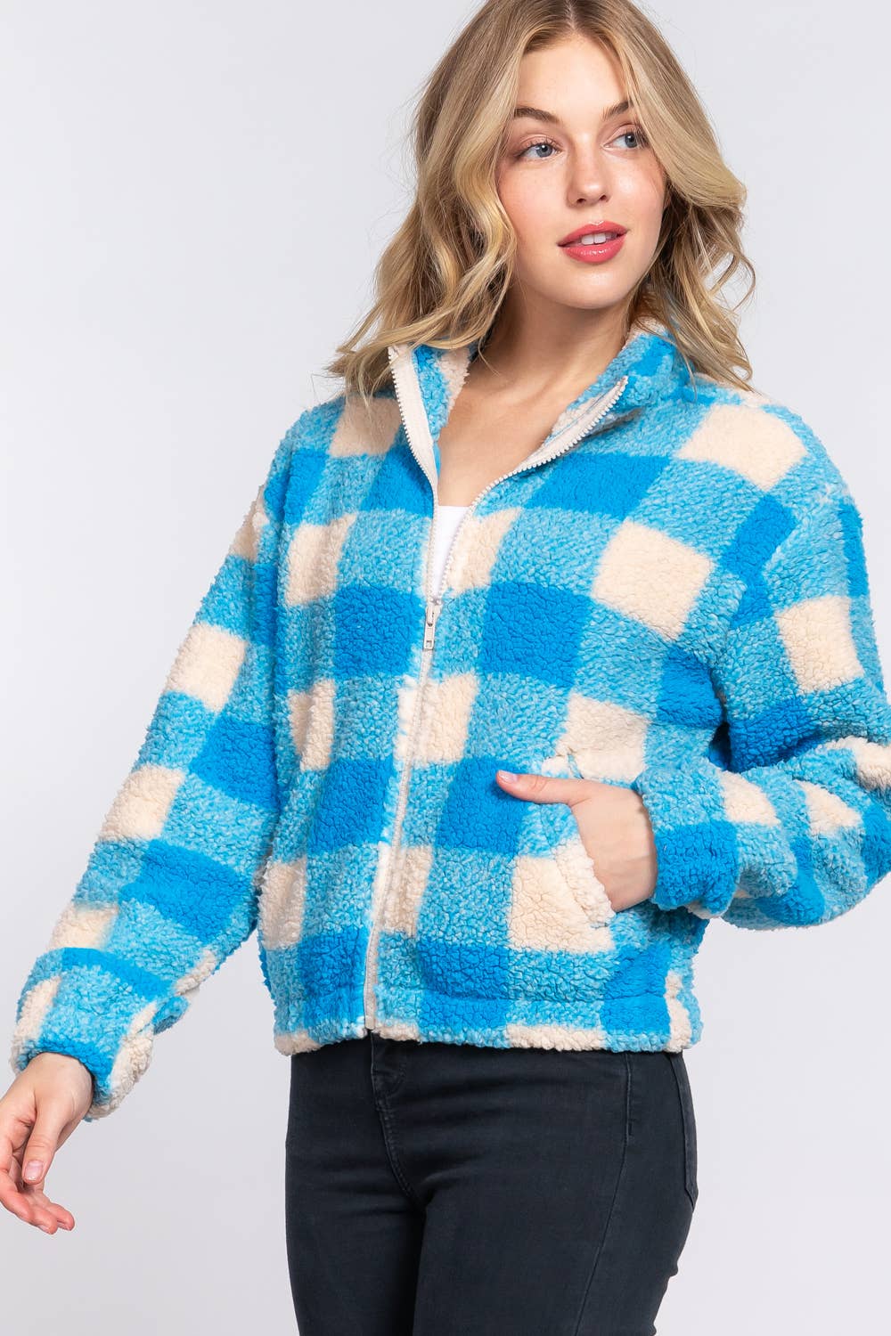 Buffalo Check Teal Zipper Coat