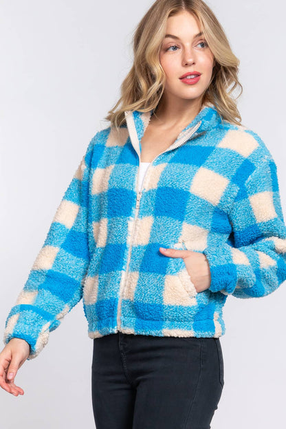 Buffalo Check Teal Zipper Coat
