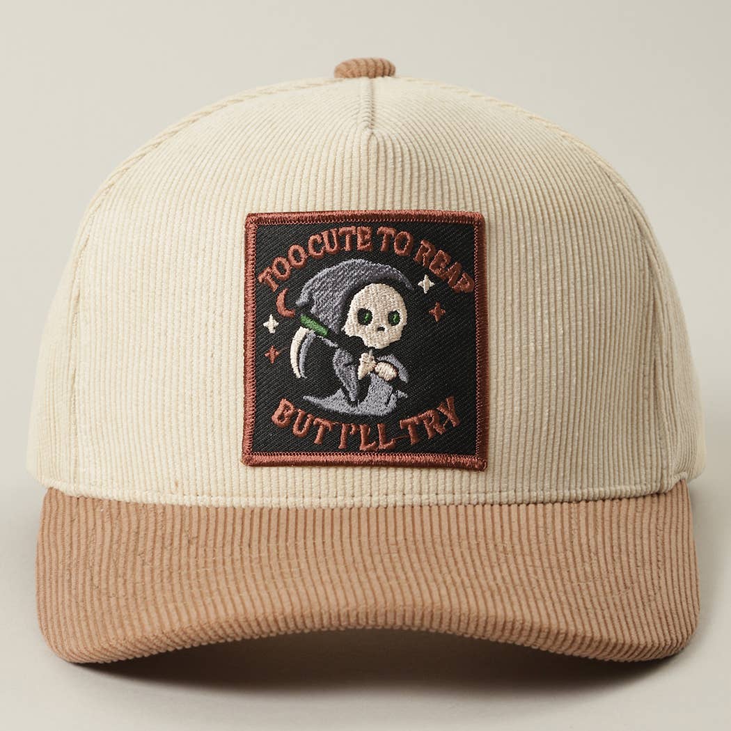 Skull Grim Reaper Patch Corduroy Trucker Cap: BEIGE / One Size