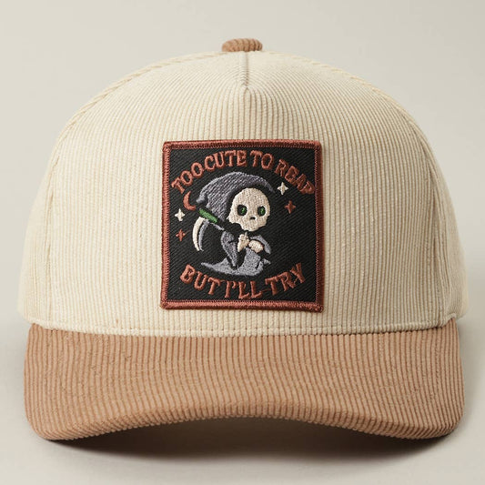 Skull Grim Reaper Patch Corduroy Trucker Cap: BEIGE / One Size