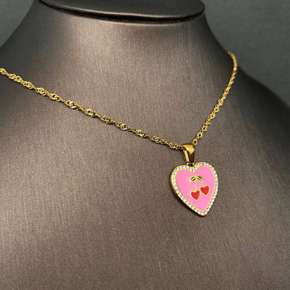 CZ Inlaid Enamel Cherry Heart 18K Golden SS Necklace - FGS