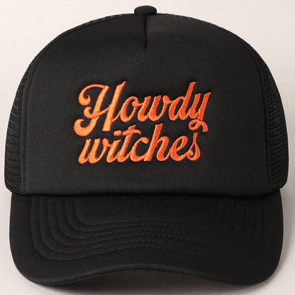 Howdy Witches Embroidered Mesh Back Trucker Hat : BLACK-ORANGE / ONE SIZE