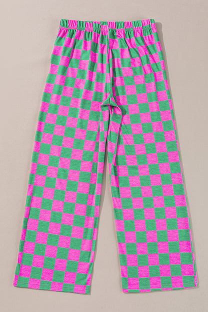 Green Checkered Print High Waist Wide Leg Pants