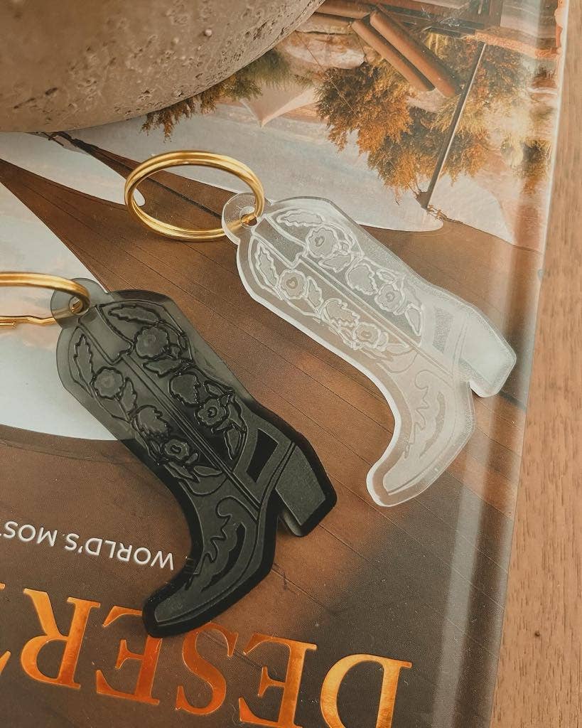 Floral Rose Cowboy Boot Western Keychain Jewelry : Frosty White / Gold