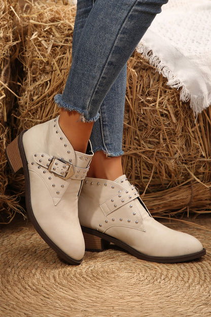White Faux Leather Studded Pointed Toe Block Heel Ankle Boots
