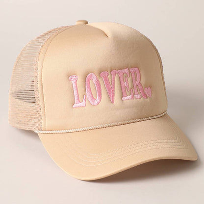 Lover Text Embroidery Foam Mesh Back Trucker Hat: Beige / ONE SIZE