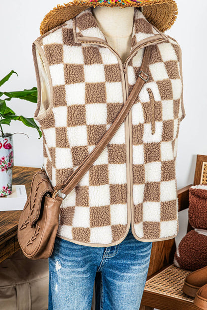 Fashion-W Checkered Sherpa Collared Jacket Vest: Black / Missy / L