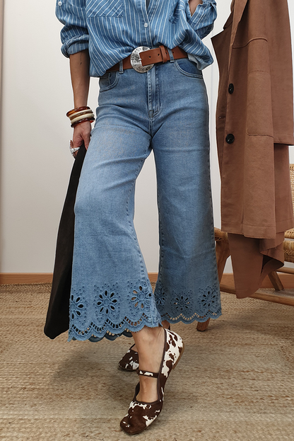 Dusk Blue Embroidered Cropped Wide Leg High Waist Jeans