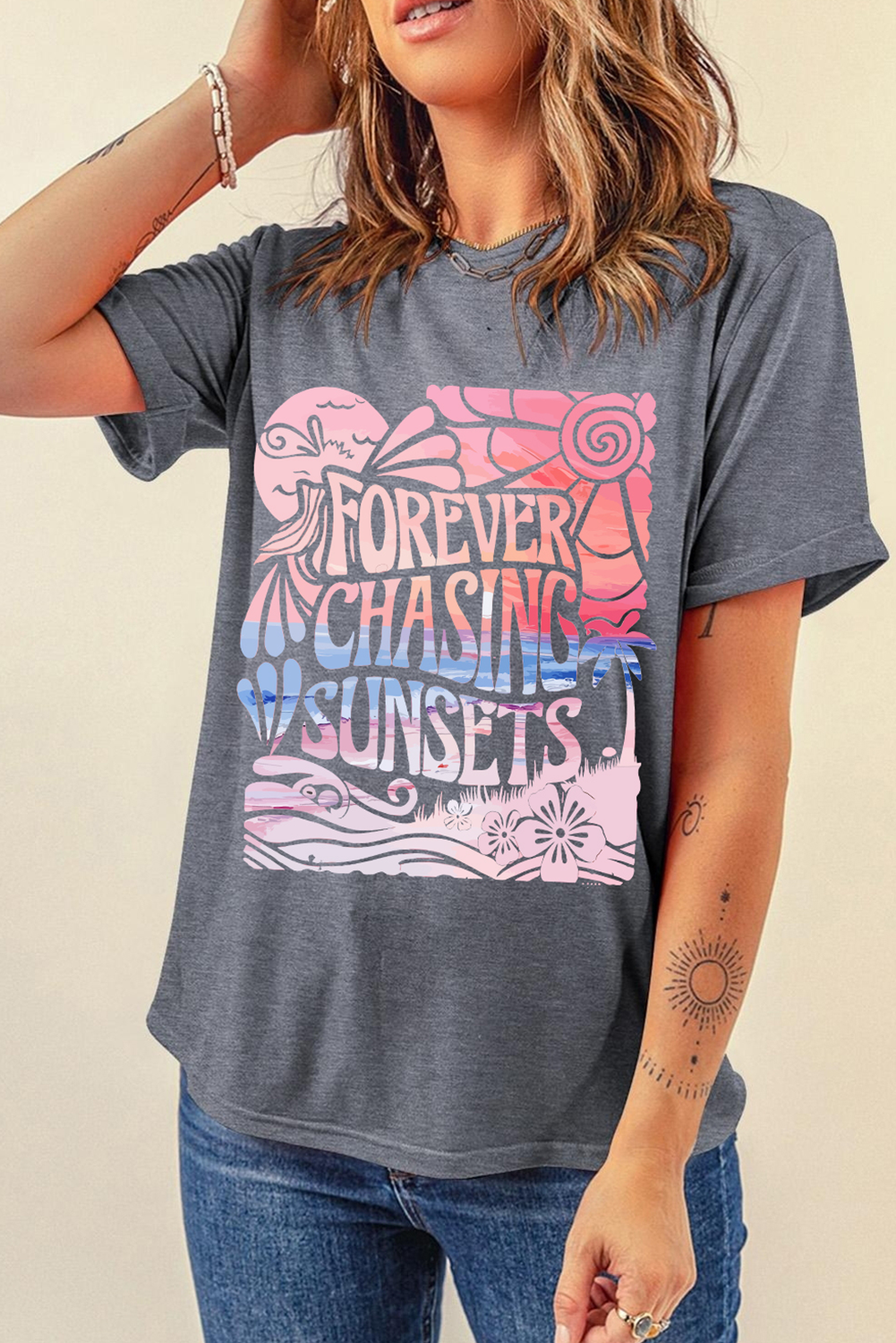Gray FOREVER CHASING SUNSETS Heat Transfer Printing Graphic Summer T Shirt