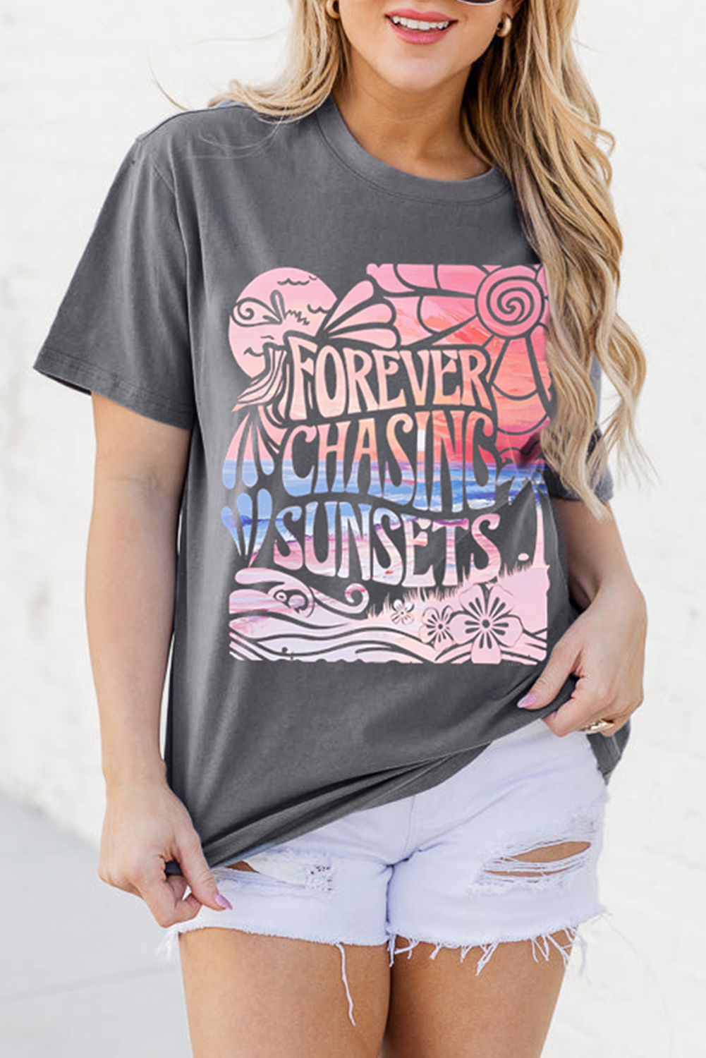 Gray FOREVER CHASING SUNSETS Heat Transfer Printing Graphic Summer T Shirt