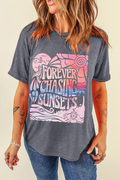 Gray FOREVER CHASING SUNSETS Heat Transfer Printing Graphic Summer T Shirt