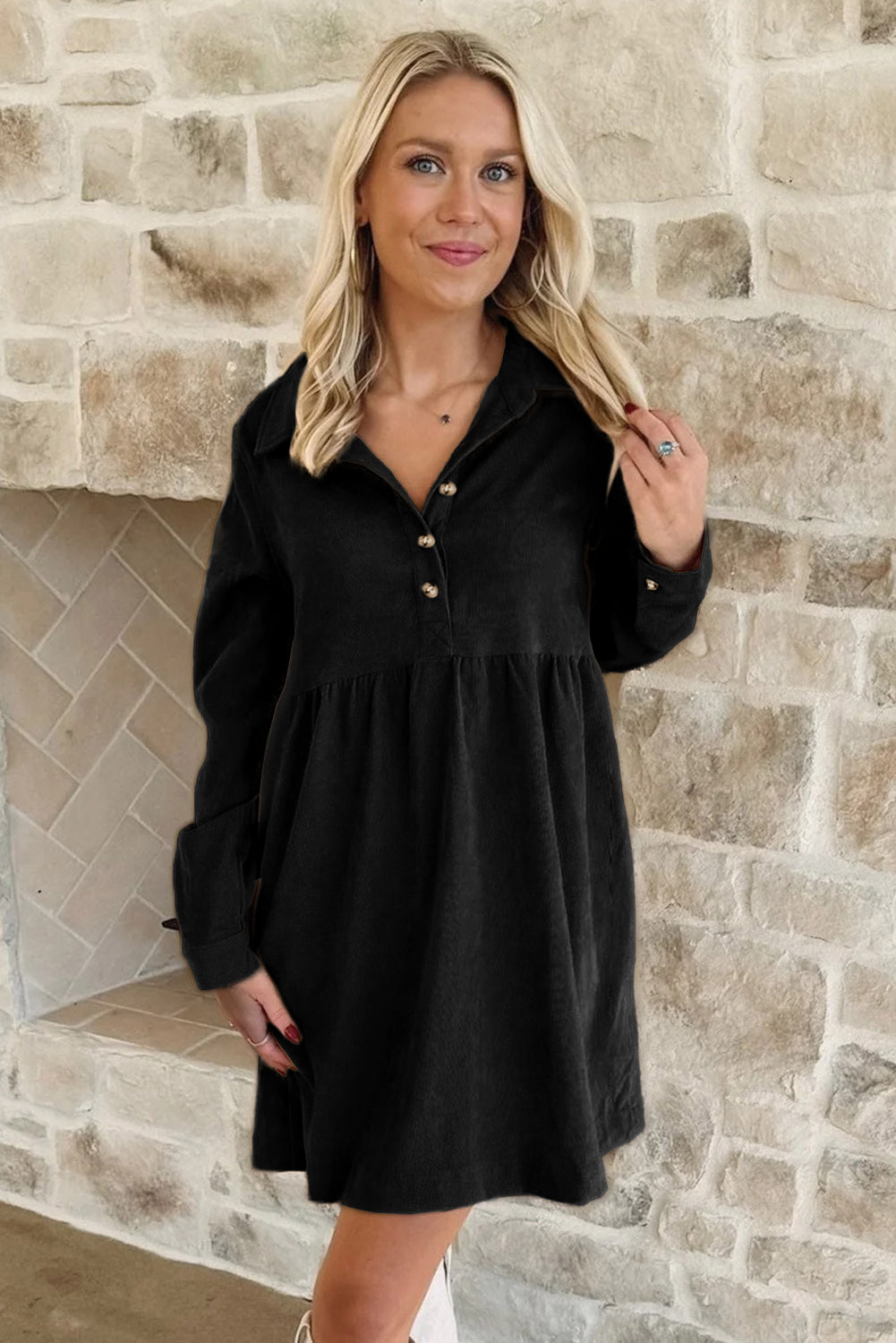 Oatmeal Corduroy Half Button Collared Long Sleeve Mini Dress