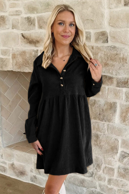 Oatmeal Corduroy Half Button Collared Long Sleeve Mini Dress