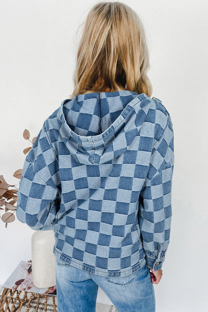 Sky Blue Checkerboard Zipped Collar Kangaroo Pocket Denim Hoodie