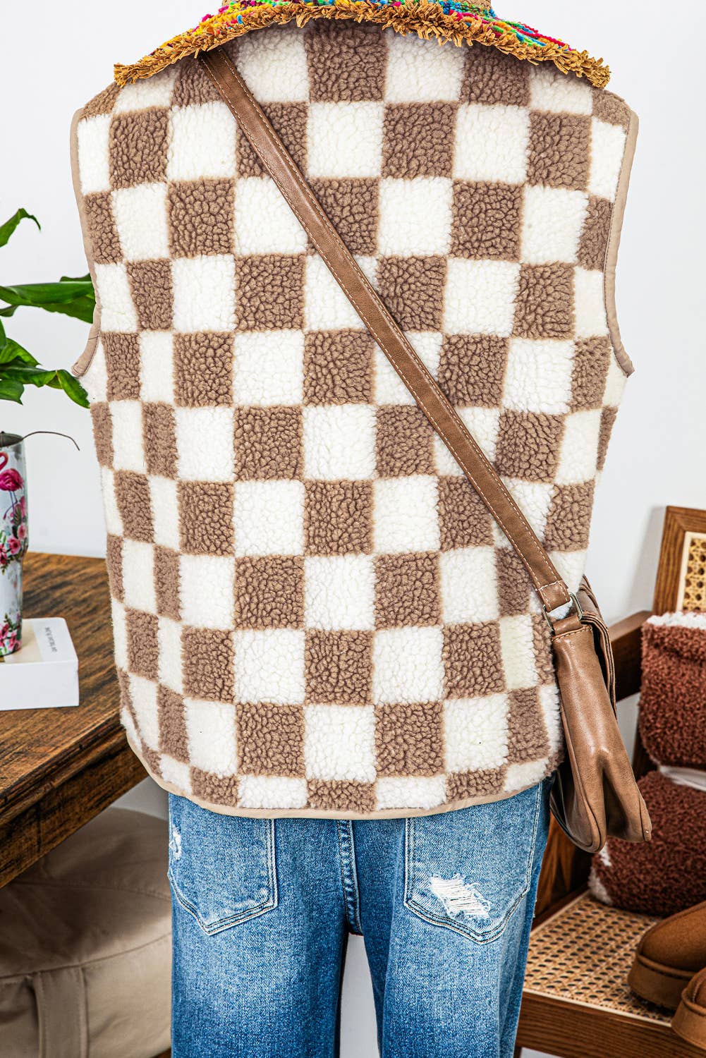 Fashion-W Checkered Sherpa Collared Jacket Vest: As shown / Missy / XL