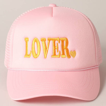 Lover Text Embroidery Foam Mesh Back Trucker Hat: Beige / ONE SIZE