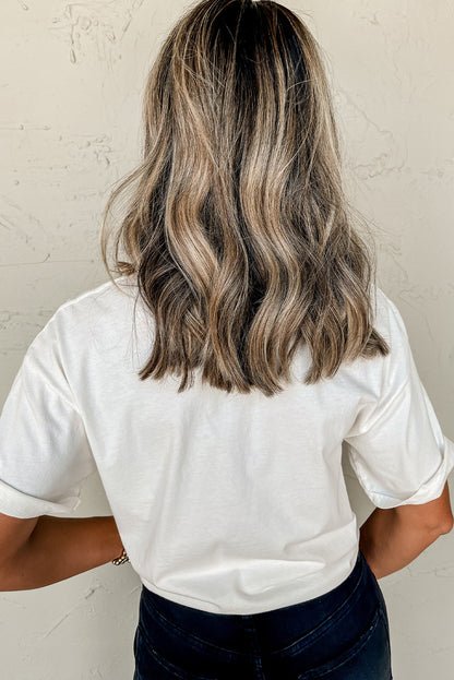 White Rodeo Sequins Patch Graphic Casual Round Neck Tee