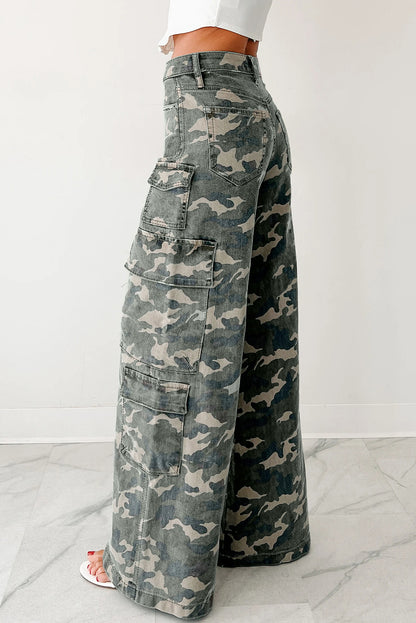 Green Camo Multi Pocket Cargo Wide Leg Jeans