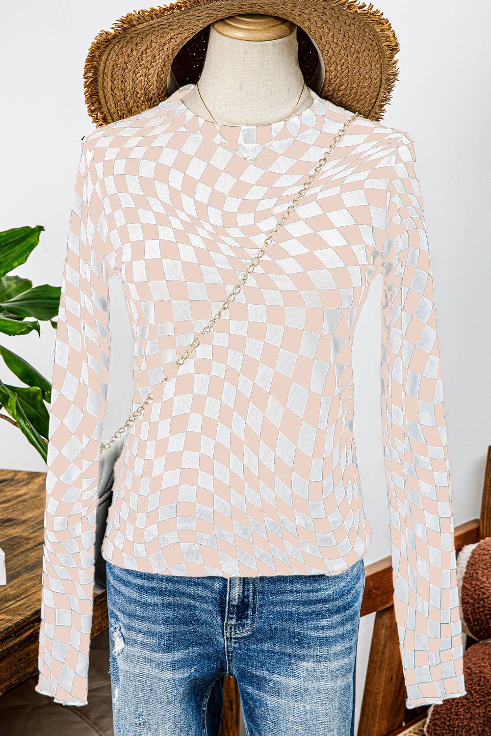 Western Checkered Pattern Mesh Mock Neck Long Sleeve Top: Khaki / Missy / XL