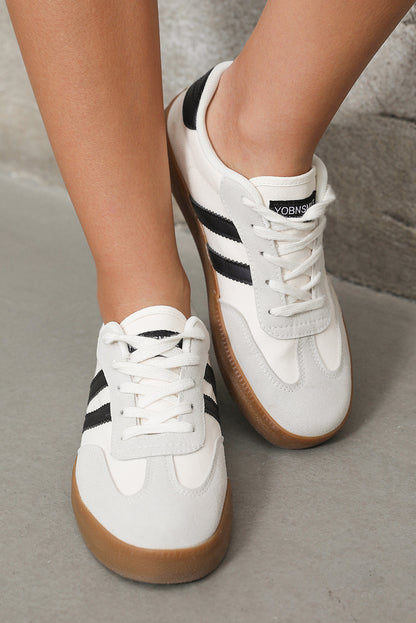White Striped Lace Up Flat Sneakers