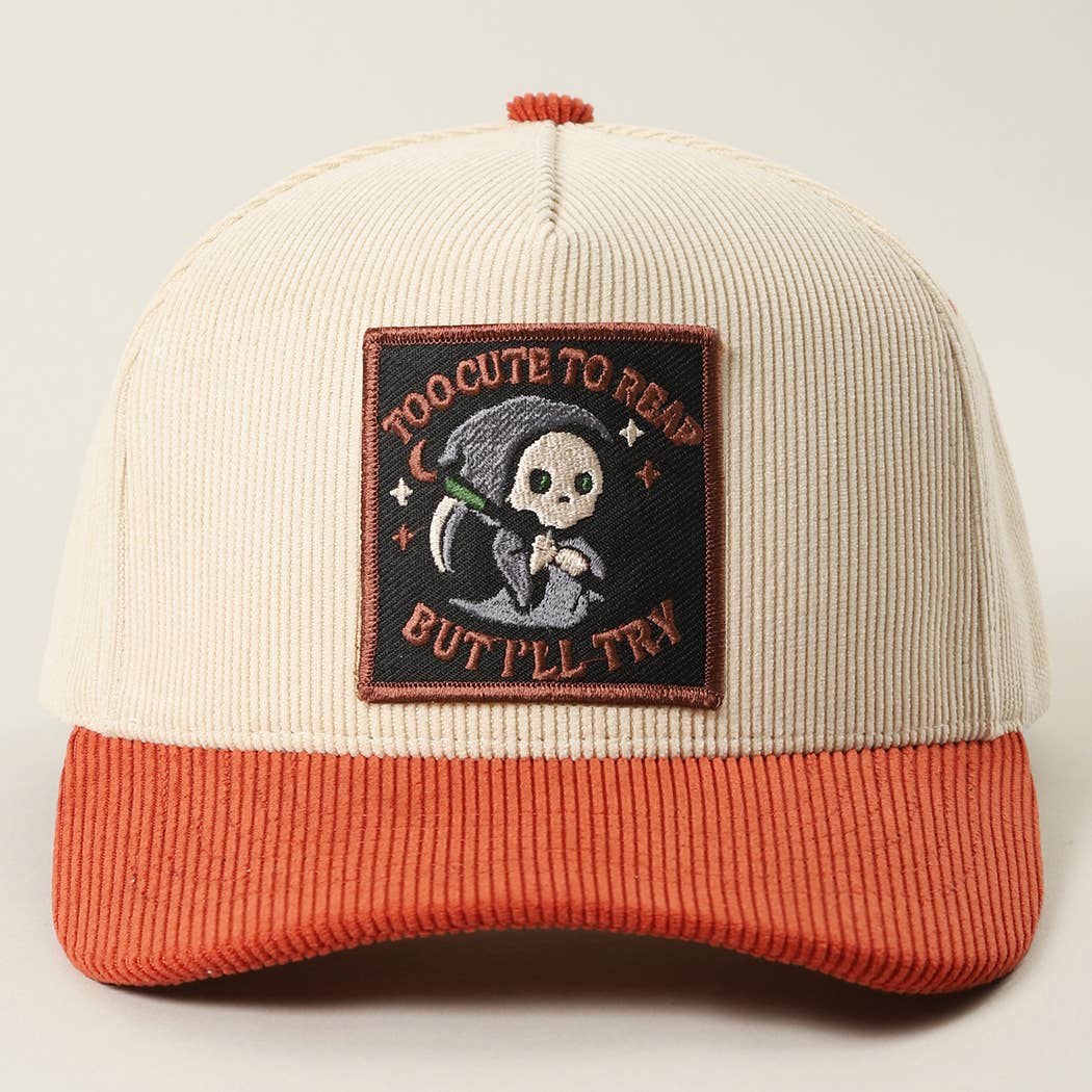 Skull Grim Reaper Patch Corduroy Trucker Cap: BEIGE / One Size
