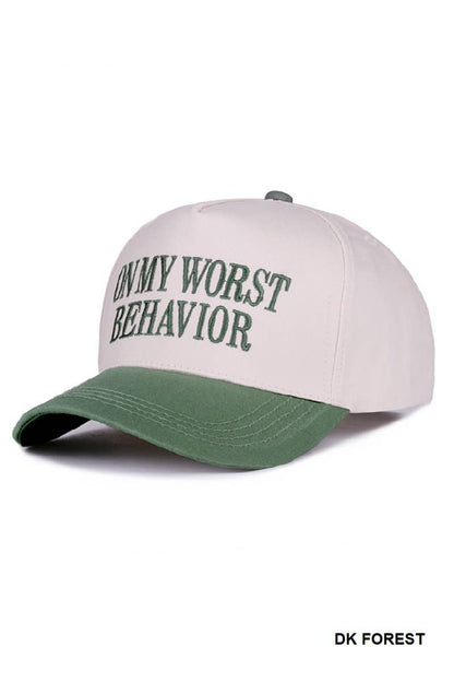 ,,,...._ 0919 On My Worst Behavior Two Tone Canvas Cotton Cap SI-28817: BLACK-189427 / OS