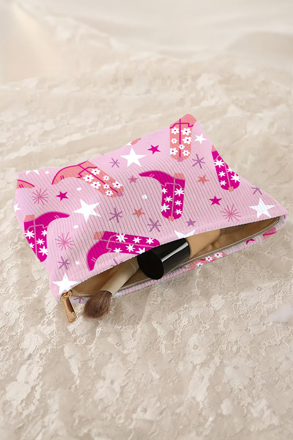 Pink Western Cowboy Boots Print Corduroy Makeup Bag