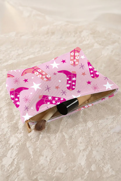 Pink Western Cowboy Boots Print Corduroy Makeup Bag
