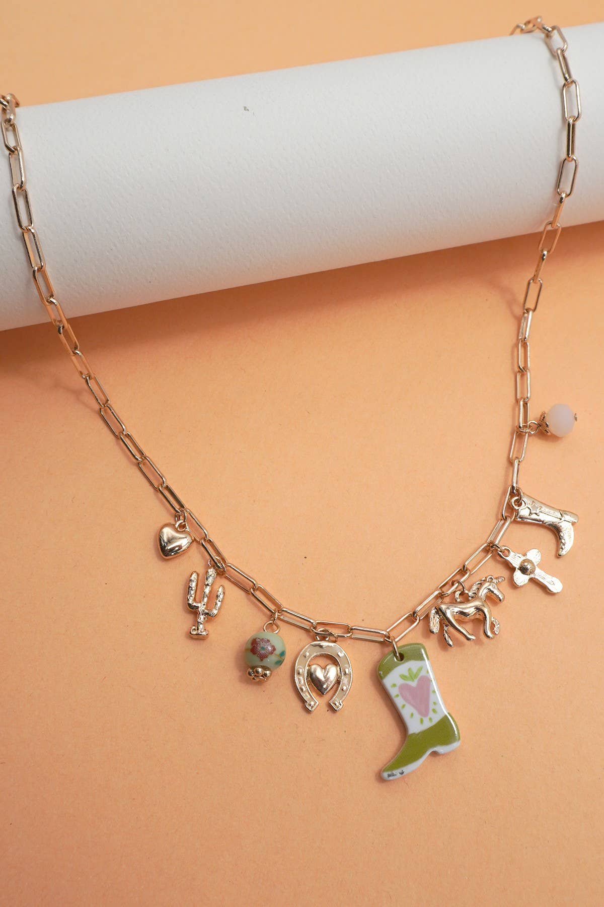 CHARM NECKLACE-WESTERN BOOT HORSE CROSS CHARM | 80N91803: GOLD