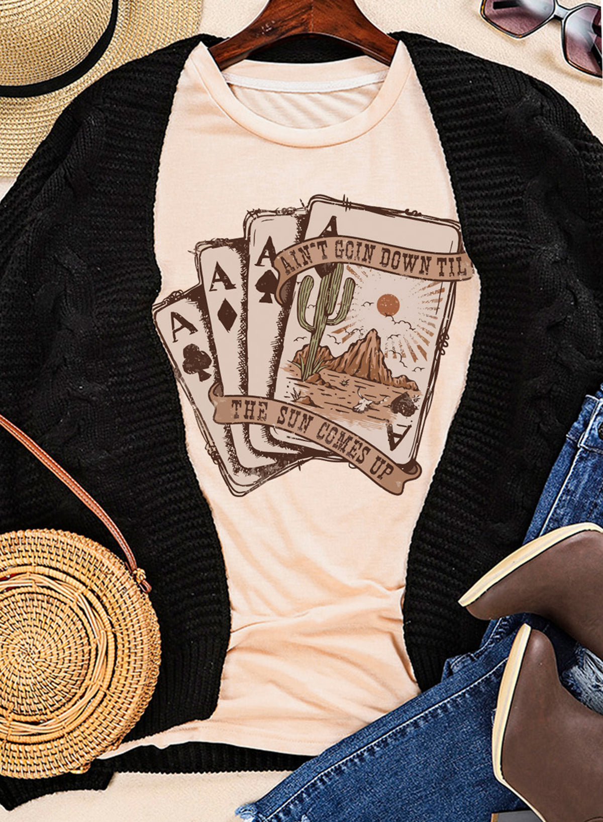 Khaki Western Poker Card Graphic T Shirt
