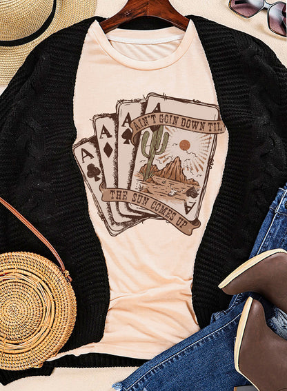 Khaki Western Poker Card Graphic T Shirt