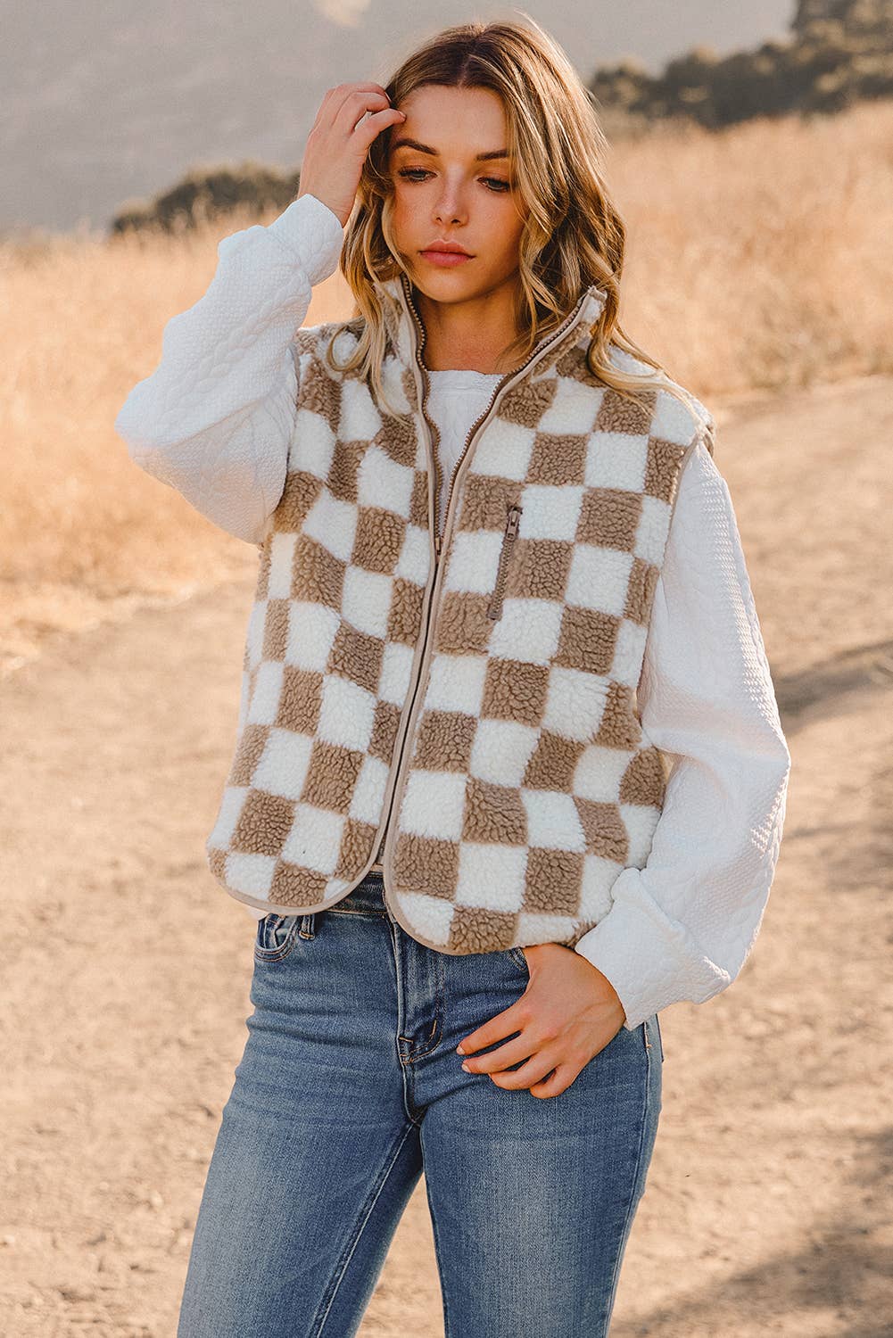 Fashion-W Checkered Sherpa Collared Jacket Vest: As shown / Missy / XL