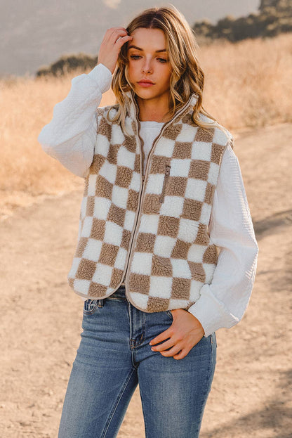 Fashion-W Checkered Sherpa Collared Jacket Vest: As shown / Missy / XL