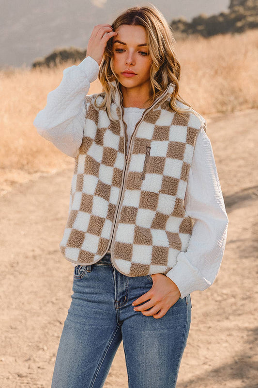 Fashion-W Checkered Sherpa Collared Jacket Vest: As shown / Missy / XL