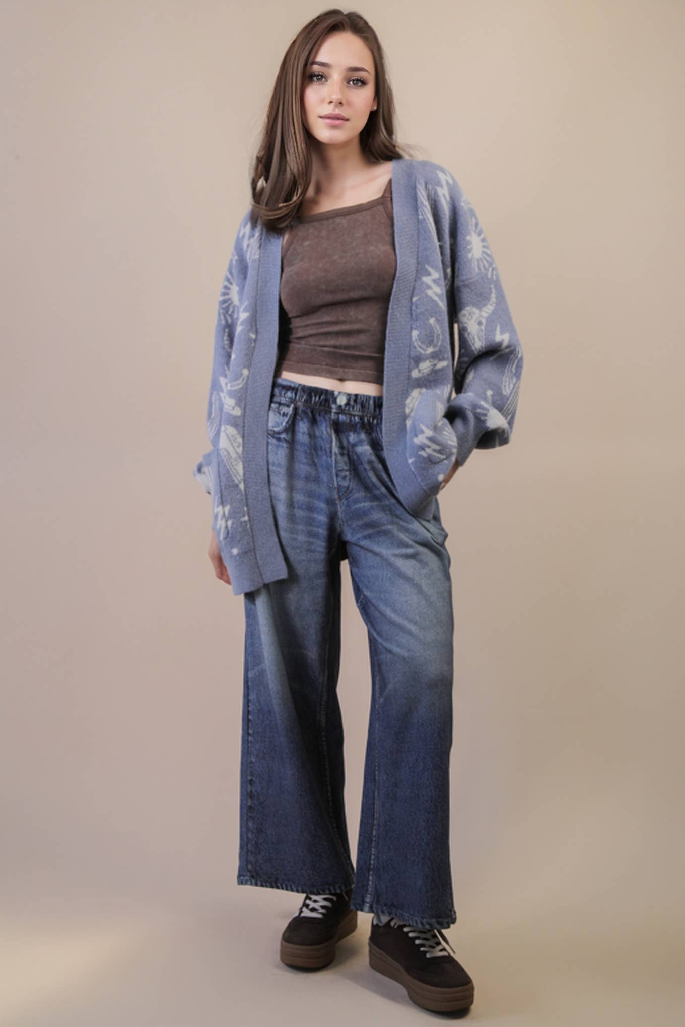 Oversized Western Graphic Knit Sweater Cardigan